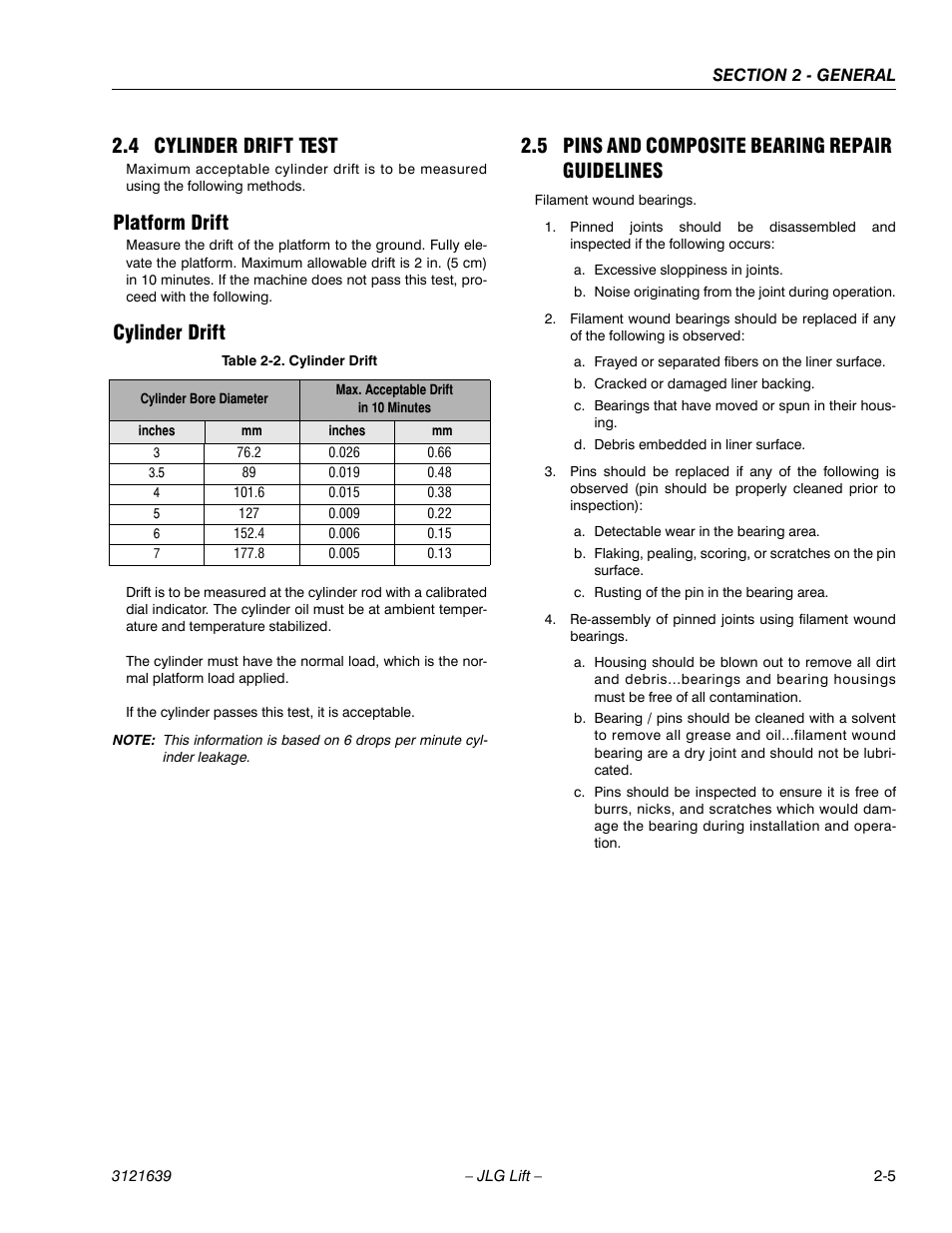 Cylinder drift test -5, Platform drift -5 cylinder drift -5, Pins and composite bearing repair guidelines -5 | Cylinder drift -5, 4 cylinder drift test, Platform drift, Cylinder drift, 5 pins and composite bearing repair guidelines | JLG M4069 Service Manual User Manual | Page 29 / 138