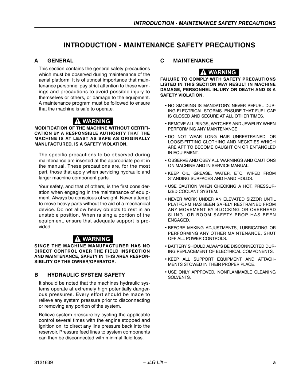 Introduction - maintenance safety precautions | JLG M4069 Service Manual User Manual | Page 3 / 138
