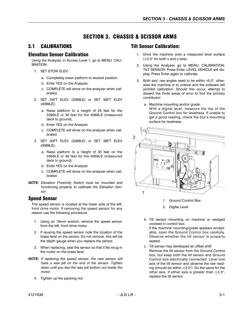 Section 3 - chassis & scissor arms, Calibrations -1, 1 calibrations elevation sensor calibration | Speed sensor, Tilt sensor calibration | JLG M4069 Service Manual User Manual | Page 33 / 138