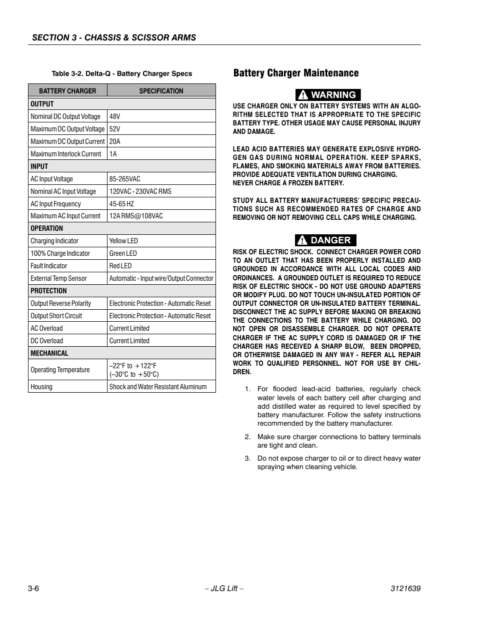 Battery charger maintenance -6, Delta-q - battery charger specs -6, Battery charger maintenance | JLG M4069 Service Manual User Manual | Page 38 / 138