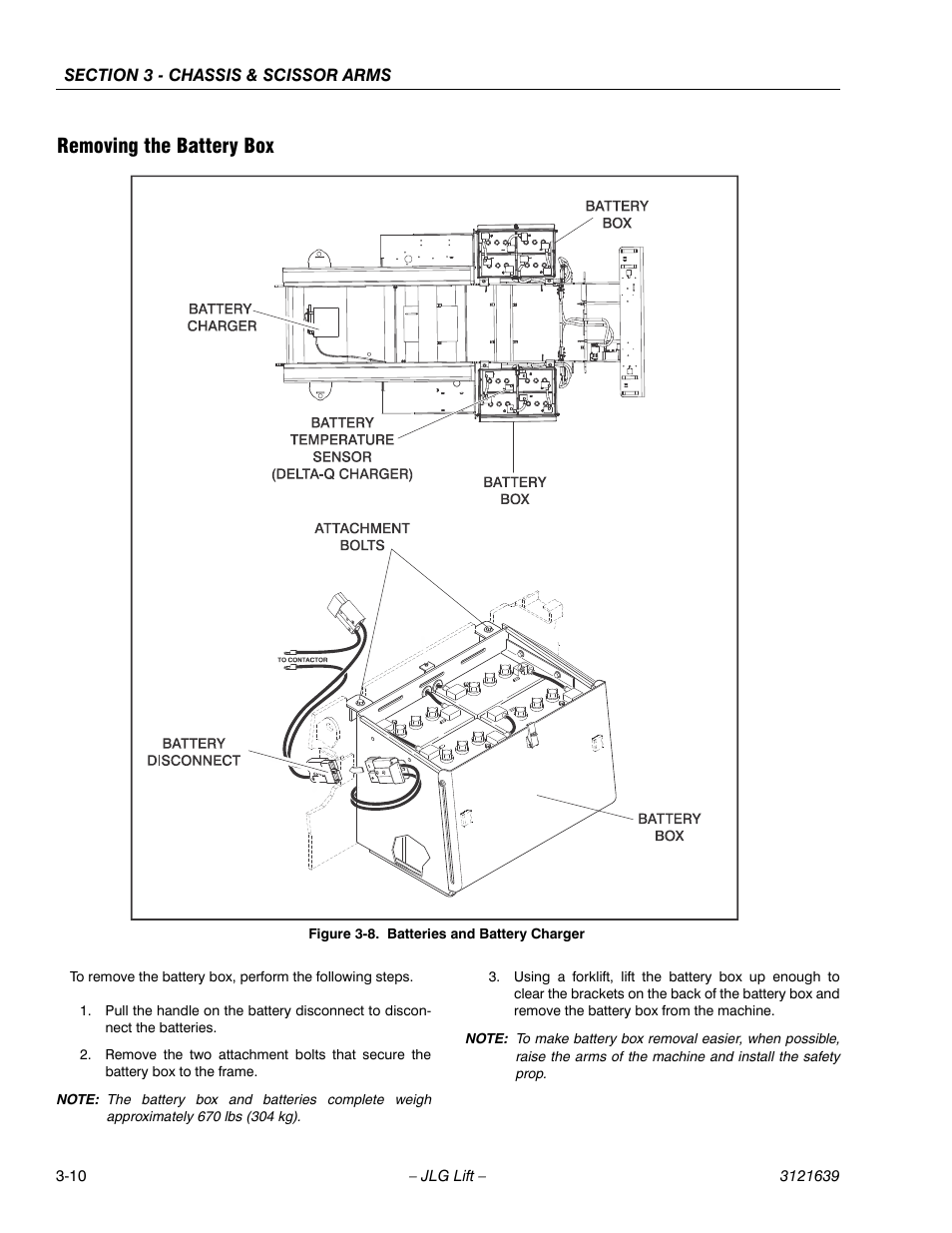 Removing the battery box -10, Batteries and battery charger -10, Removing the battery box | JLG M4069 Service Manual User Manual | Page 42 / 138