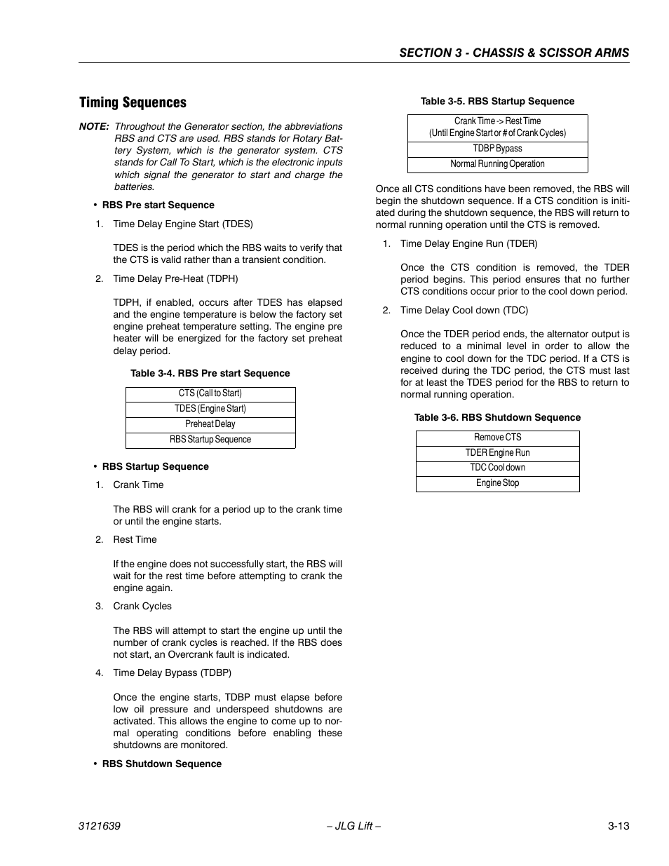 Timing sequences -13, Rbs pre start sequence -13, Rbs startup sequence -13 | Rbs shutdown sequence -13, Timing sequences | JLG M4069 Service Manual User Manual | Page 45 / 138