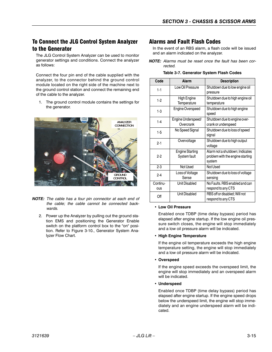 Generator system flash codes -15, Alarms and fault flash codes | JLG M4069 Service Manual User Manual | Page 47 / 138
