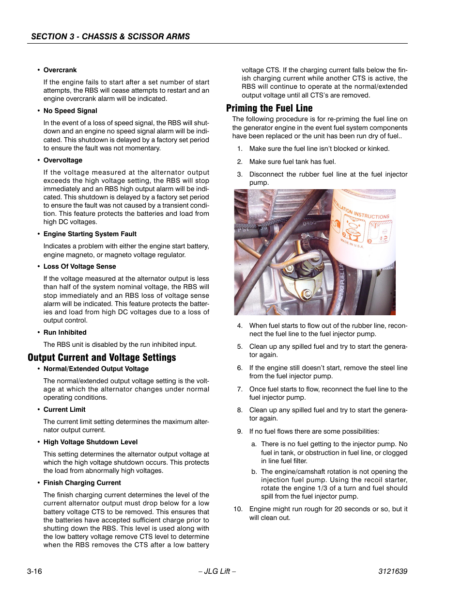 Output current and voltage settings, Priming the fuel line | JLG M4069 Service Manual User Manual | Page 48 / 138