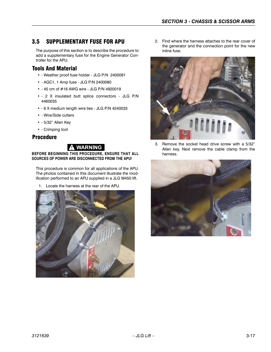 Supplementary fuse for apu -17, Tools and material -17 procedure -17, 5 supplementary fuse for apu | Tools and material, Procedure | JLG M4069 Service Manual User Manual | Page 49 / 138