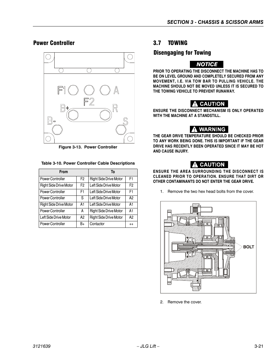 Power controller -21, Towing -21, Disengaging for towing -21 | Power controller cable descriptions -21, Power controller, 7 towing disengaging for towing | JLG M4069 Service Manual User Manual | Page 53 / 138