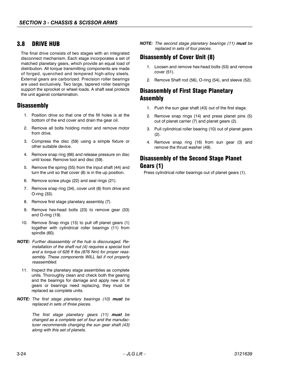Drive hub -24, 8 drive hub, Disassembly | Disassembly of cover unit (8), Disassembly of first stage planetary assembly, Disassembly of the second stage planet gears (1) | JLG M4069 Service Manual User Manual | Page 56 / 138