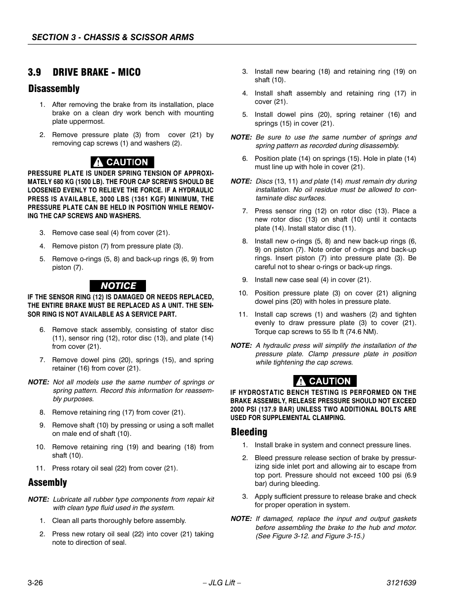 Drive brake - mico -26, Disassembly -26 assembly -26 bleeding -26, 9 drive brake - mico disassembly | Assembly, Bleeding | JLG M4069 Service Manual User Manual | Page 58 / 138