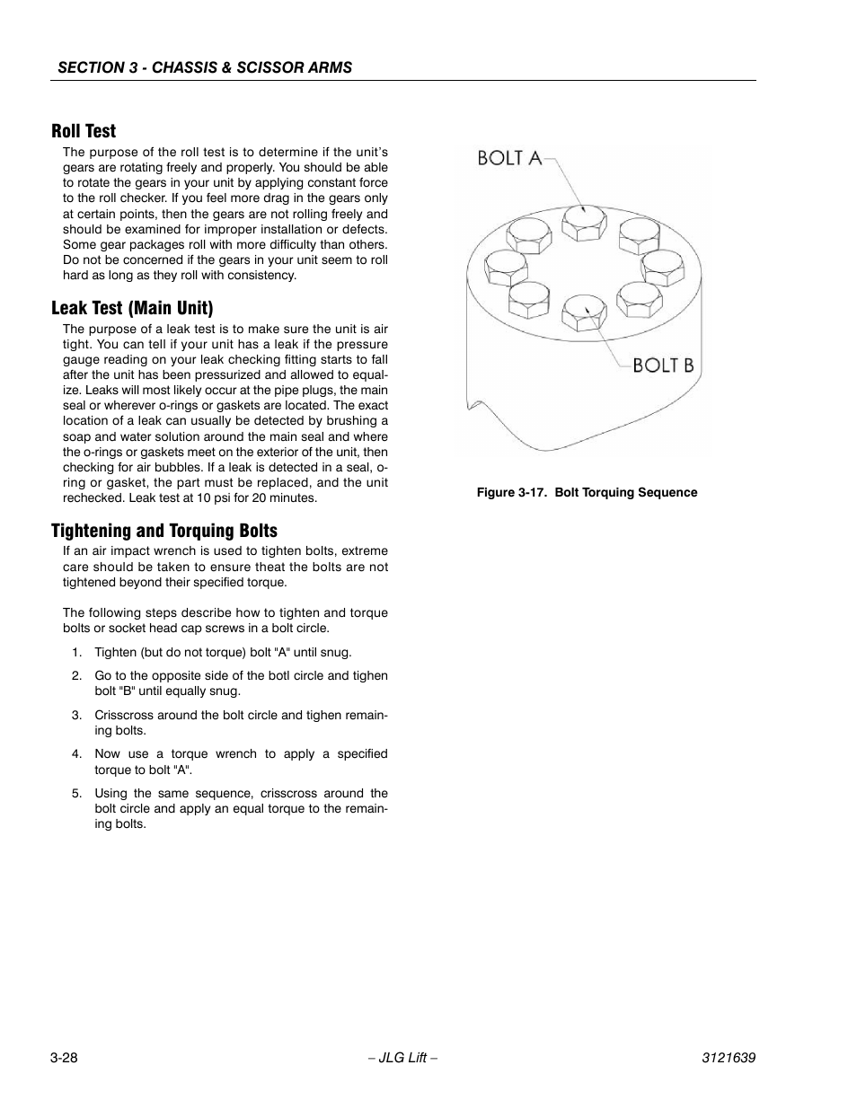 Bolt torquing sequence -28, Roll test, Leak test (main unit) | Tightening and torquing bolts | JLG M4069 Service Manual User Manual | Page 60 / 138