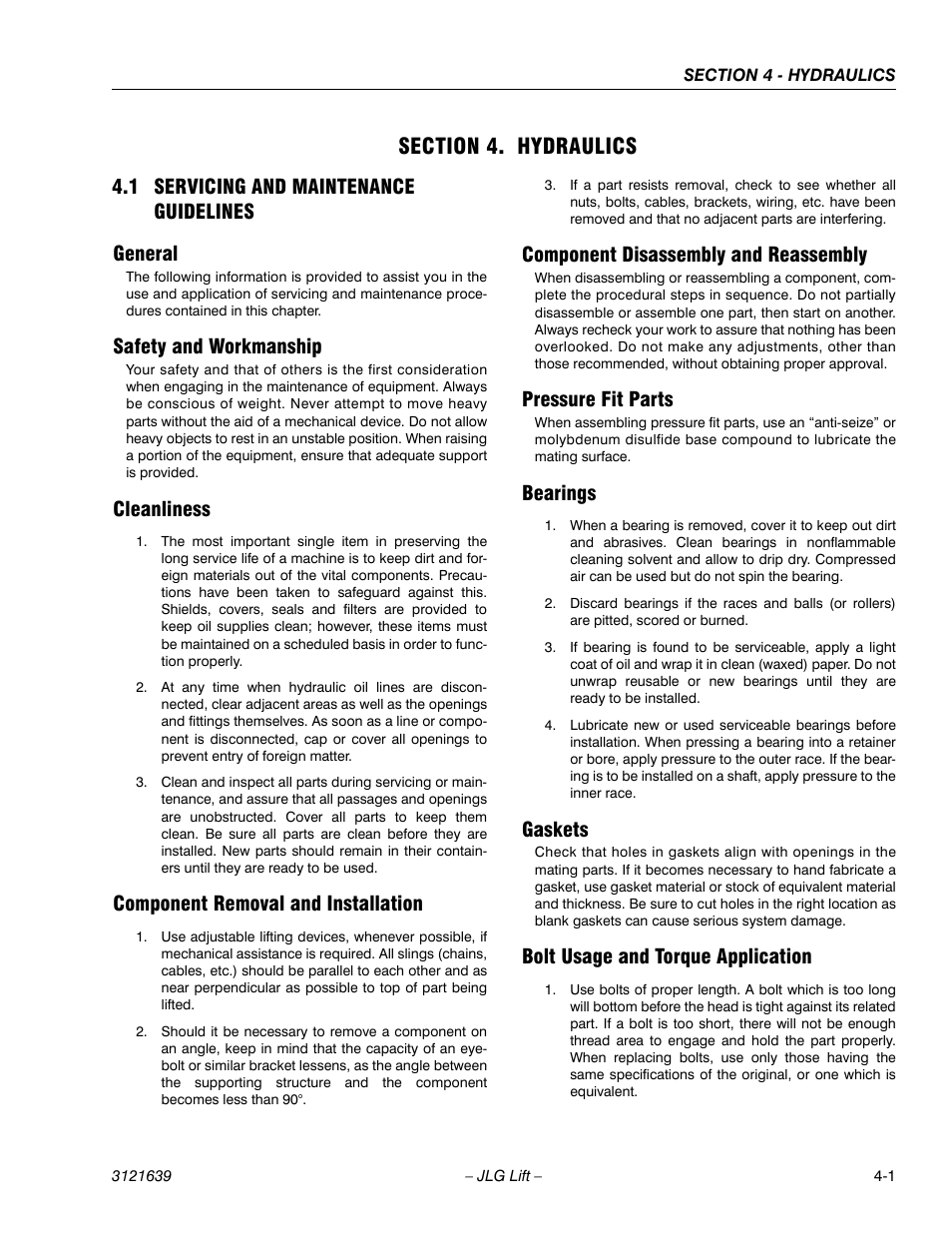 Section 4 - hydraulics, Servicing and maintenance guidelines -1, 1 servicing and maintenance guidelines general | Safety and workmanship, Cleanliness, Component removal and installation, Component disassembly and reassembly, Pressure fit parts, Bearings, Gaskets | JLG M4069 Service Manual User Manual | Page 73 / 138
