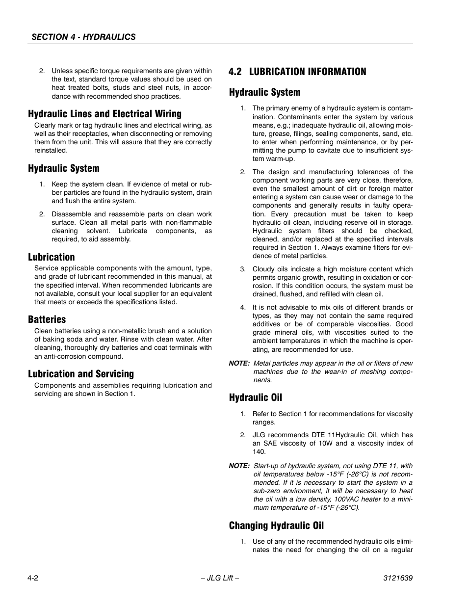 Lubrication information -2, Hydraulic lines and electrical wiring, Hydraulic system | Lubrication, Batteries, Lubrication and servicing, 2 lubrication information hydraulic system, Hydraulic oil, Changing hydraulic oil | JLG M4069 Service Manual User Manual | Page 74 / 138