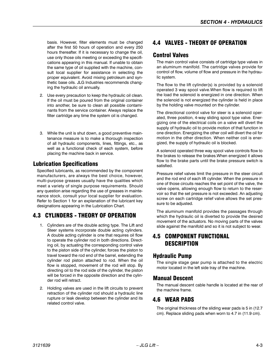 Lubrication specifications -3, Cylinders - theory of operation -3, Valves - theory of operation -3 | Control valves -3, Component functional description -3, Hydraulic pump -3 manual descent -3, Wear pads -3, Lubrication specifications, 3 cylinders - theory of operation, 4 valves - theory of operation control valves | JLG M4069 Service Manual User Manual | Page 75 / 138