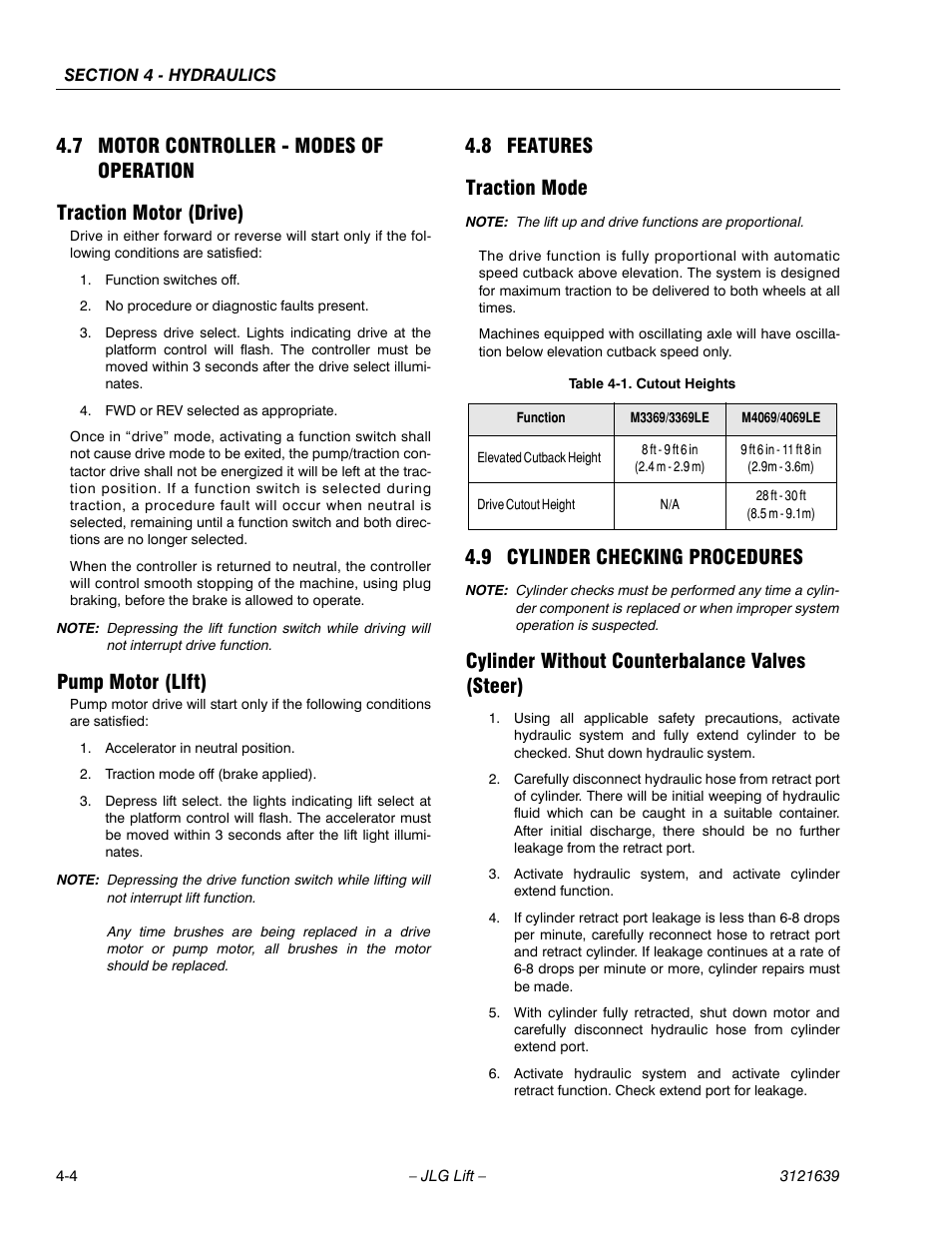 Motor controller - modes of operation -4, Traction motor (drive) -4 pump motor (lift) -4, Features -4 | Traction mode -4, Cylinder checking procedures -4, Cylinder without counterbalance valves (steer) -4, Cutout heights -4, Pump motor (lift), 8 features traction mode, 9 cylinder checking procedures | JLG M4069 Service Manual User Manual | Page 76 / 138