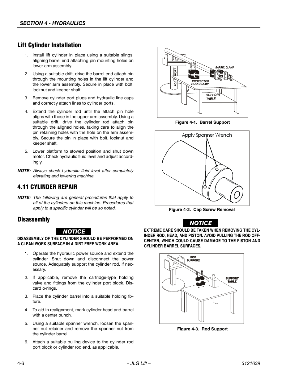 Lift cylinder installation -6, Cylinder repair -6, Disassembly -6 | Barrel support -6, Cap screw removal -6, Rod support -6, Lift cylinder installation, 11 cylinder repair, Disassembly | JLG M4069 Service Manual User Manual | Page 78 / 138