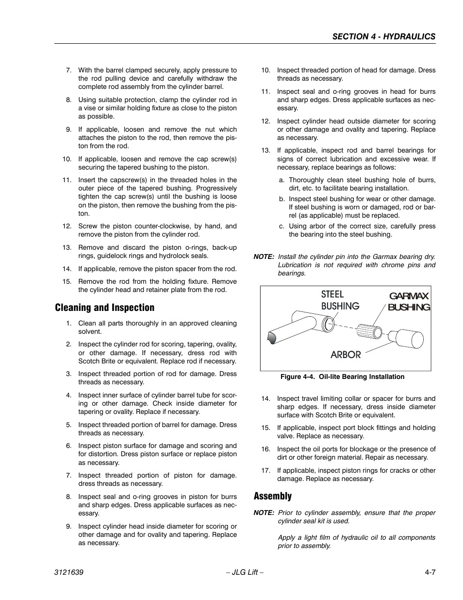 Cleaning and inspection -7 assembly -7, Oil-lite bearing installation -7, Cleaning and inspection | Assembly, Garmax bushing | JLG M4069 Service Manual User Manual | Page 79 / 138