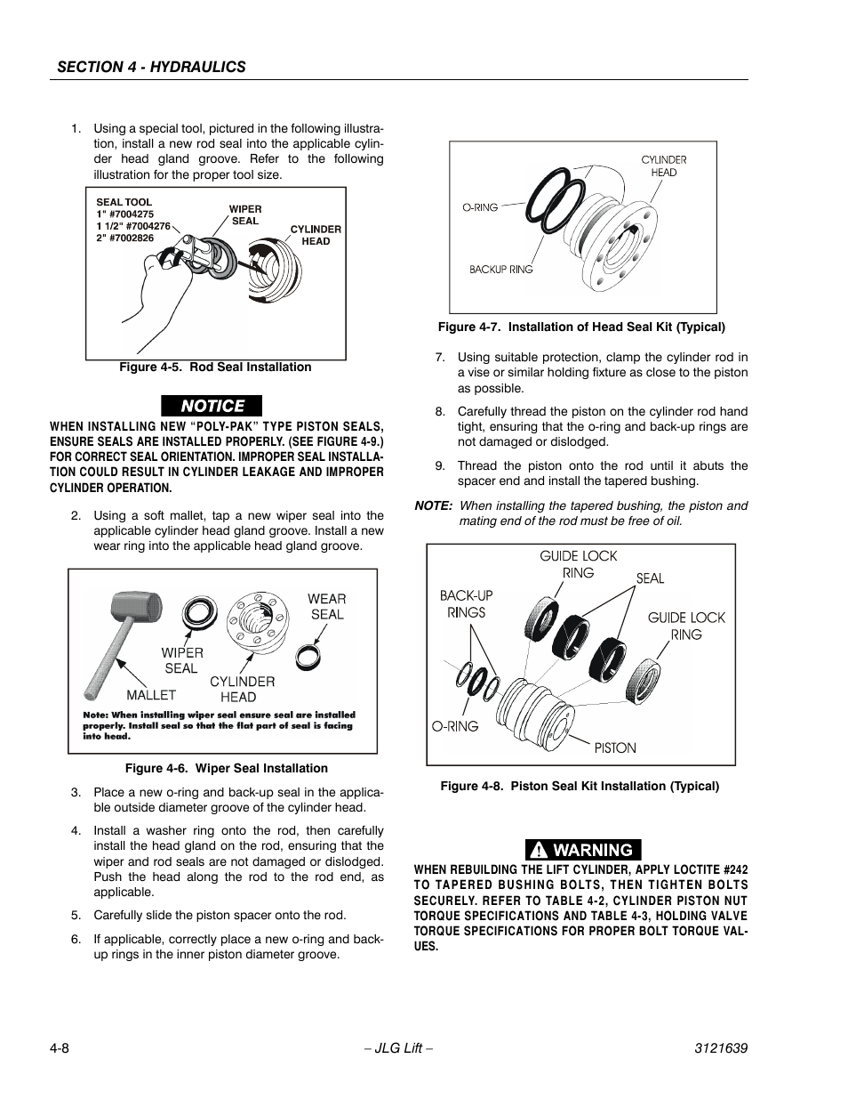 Rod seal installation -8, Wiper seal installation -8, Installation of head seal kit (typical) -8 | Piston seal kit installation (typical) -8 | JLG M4069 Service Manual User Manual | Page 80 / 138