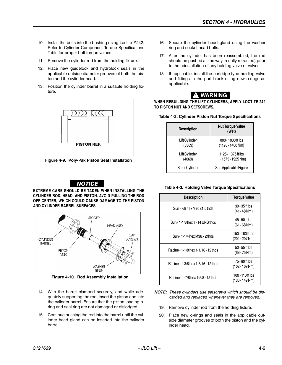 Poly-pak piston seal installation -9, Rod assembly installation -9, Cylinder piston nut torque specifications -9 | Holding valve torque specifications -9 | JLG M4069 Service Manual User Manual | Page 81 / 138
