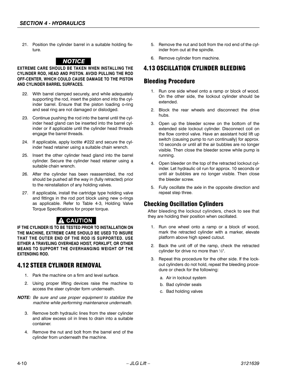 Steer cylinder removal -10, Oscillation cylinder bleeding -10, 12 steer cylinder removal | Checking oscillation cylinders | JLG M4069 Service Manual User Manual | Page 82 / 138