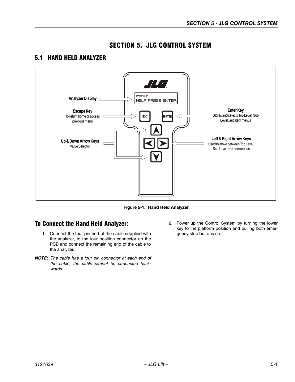 Section 5 - jlg control system, Hand held analyzer -1, To connect the hand held analyzer: -1 | JLG M4069 Service Manual User Manual | Page 93 / 138