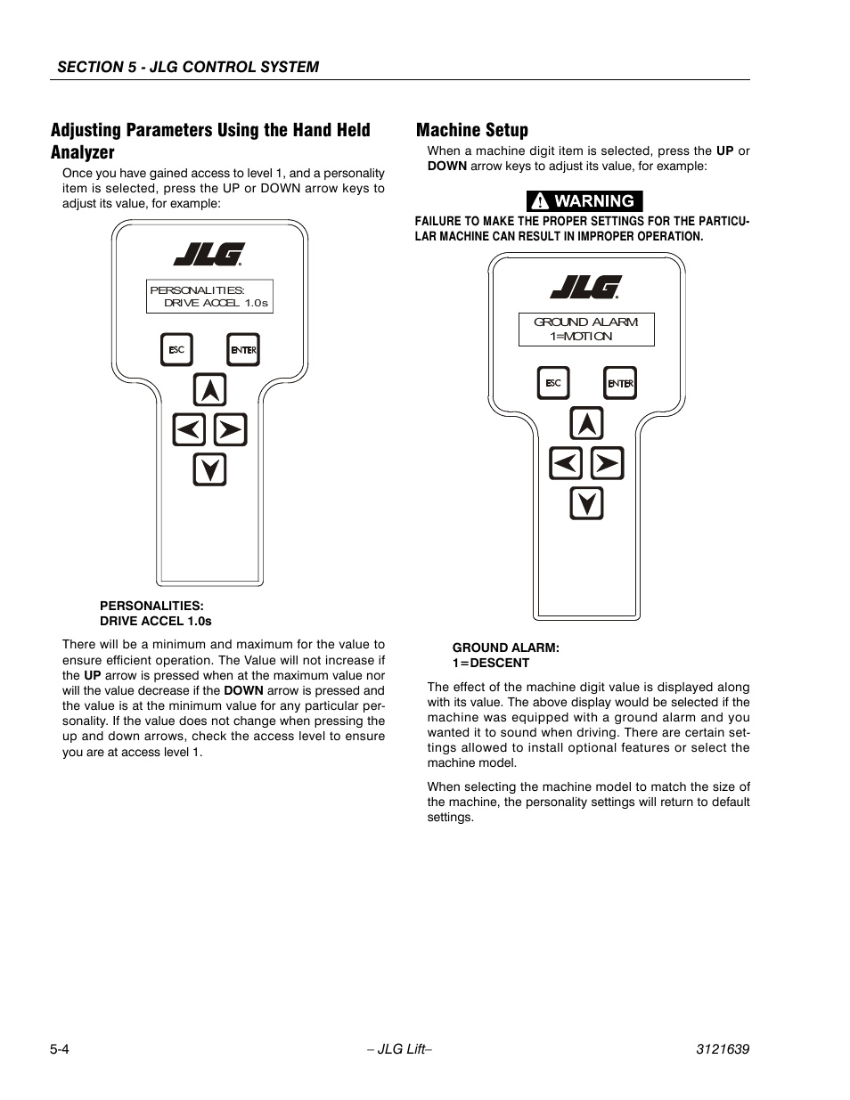 Adjusting parameters using the hand held analyzer, Machine setup | JLG M4069 Service Manual User Manual | Page 96 / 138