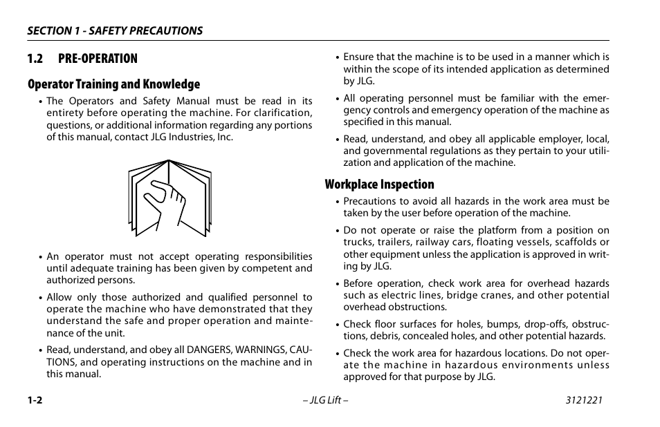 2 pre-operation, Operator training and knowledge, Workplace inspection | Pre-operation -2, 2 pre-operation operator training and knowledge | JLG 1230ES Operator Manual User Manual | Page 12 / 96