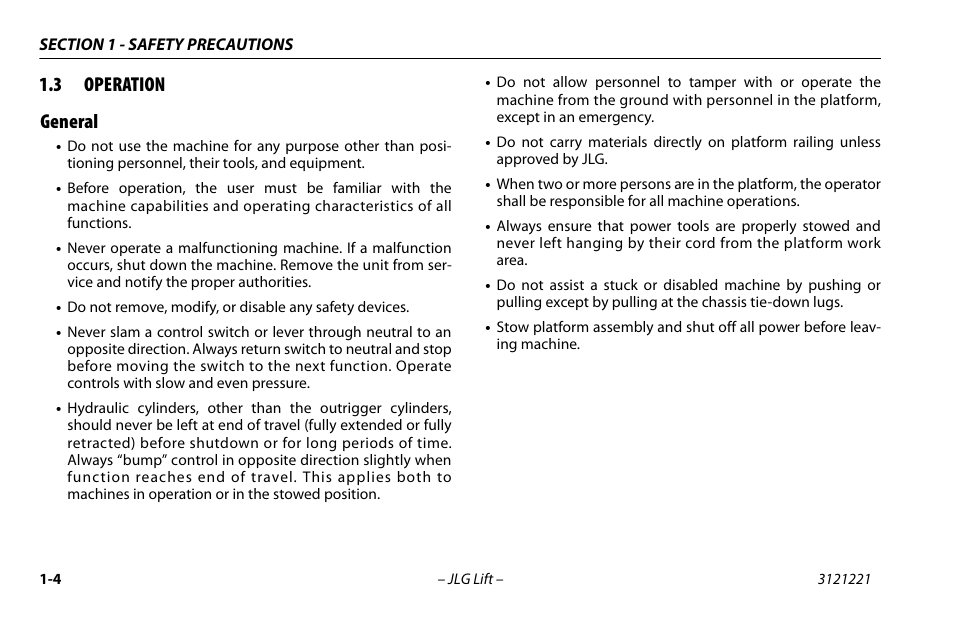 3 operation, General, Operation -4 | General -4, 3 operation general | JLG 1230ES Operator Manual User Manual | Page 14 / 96