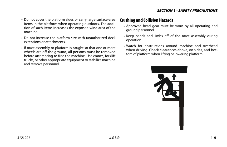 Crushing and collision hazards, Crushing and collision hazards -9 | JLG 1230ES Operator Manual User Manual | Page 19 / 96