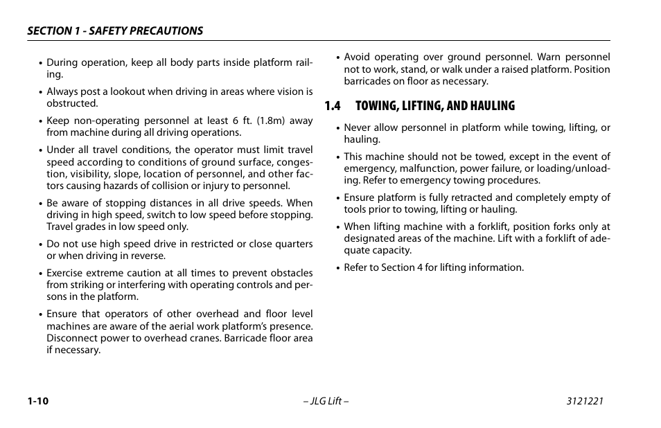 4 towing, lifting, and hauling, Towing, lifting, and hauling -10 | JLG 1230ES Operator Manual User Manual | Page 20 / 96