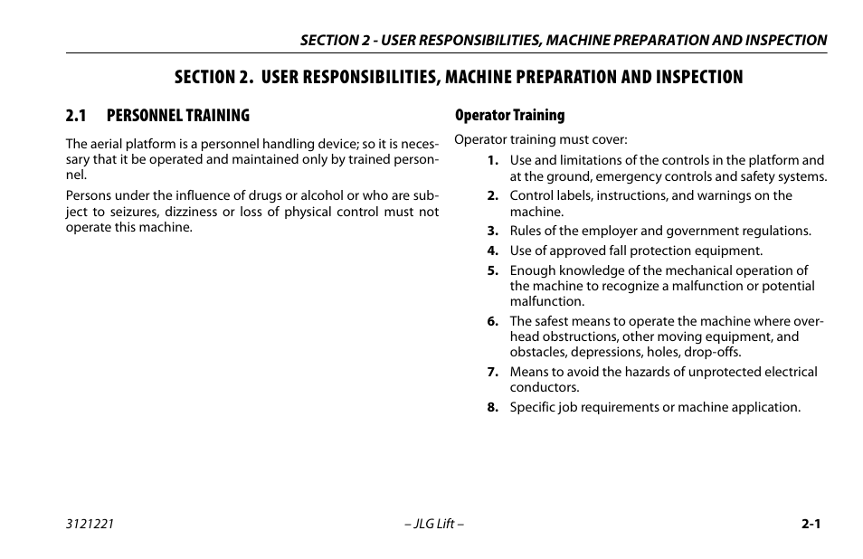 1 personnel training, Operator training, Personnel training -1 | Operator training -1 | JLG 1230ES Operator Manual User Manual | Page 21 / 96