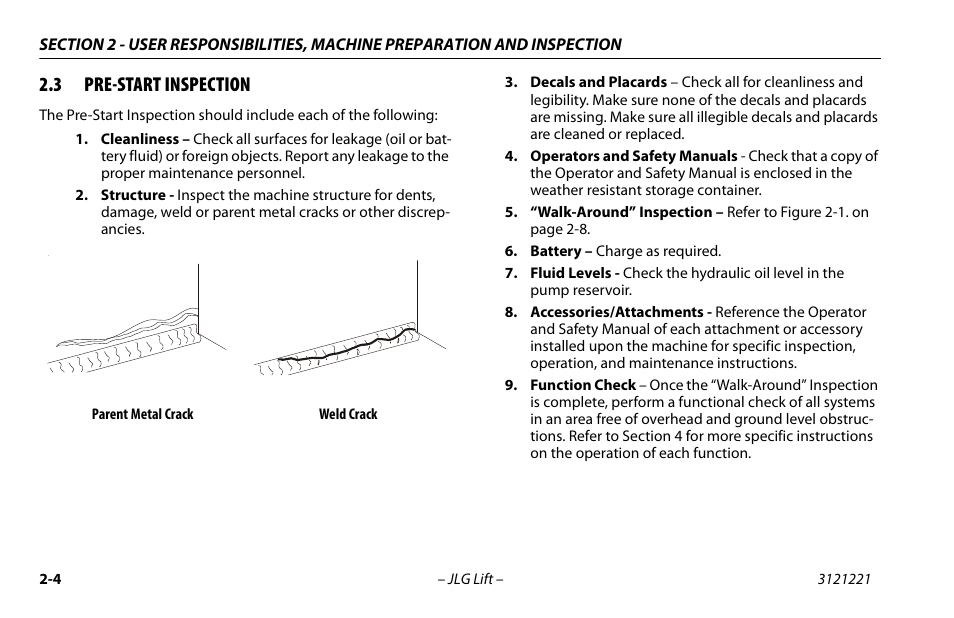 3 pre-start inspection, Pre-start inspection -4 | JLG 1230ES Operator Manual User Manual | Page 24 / 96