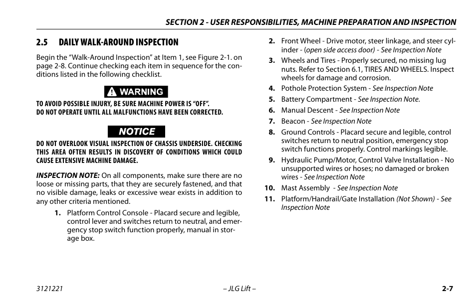 5 daily walk-around inspection, Daily walk-around inspection -7 | JLG 1230ES Operator Manual User Manual | Page 27 / 96