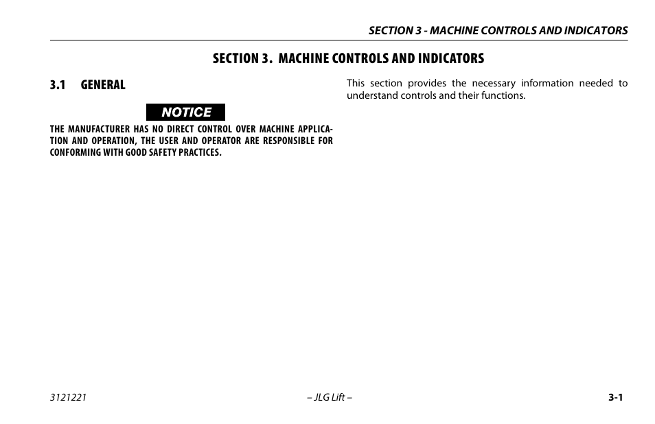 Section 3. machine controls and indicators, 1 general, Section - 3 - machine controls and indicators | General -1 | JLG 1230ES Operator Manual User Manual | Page 29 / 96