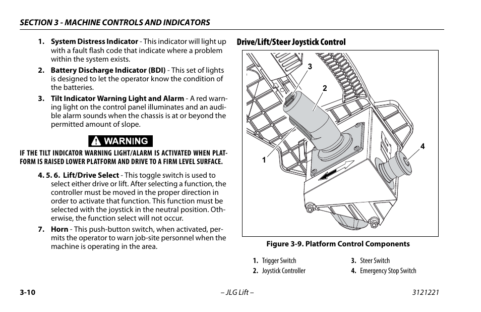 Drive/lift/steer joystick control, Drive/lift/steer joystick control -10, Platform control components -10 | JLG 1230ES Operator Manual User Manual | Page 38 / 96