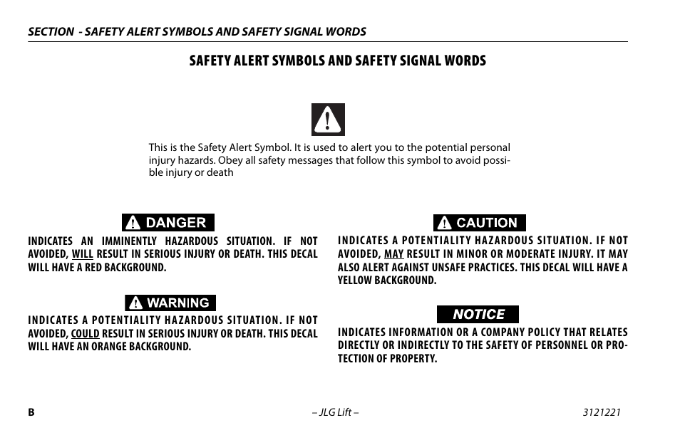 Safety alert symbols and safety signal words | JLG 1230ES Operator Manual User Manual | Page 4 / 96