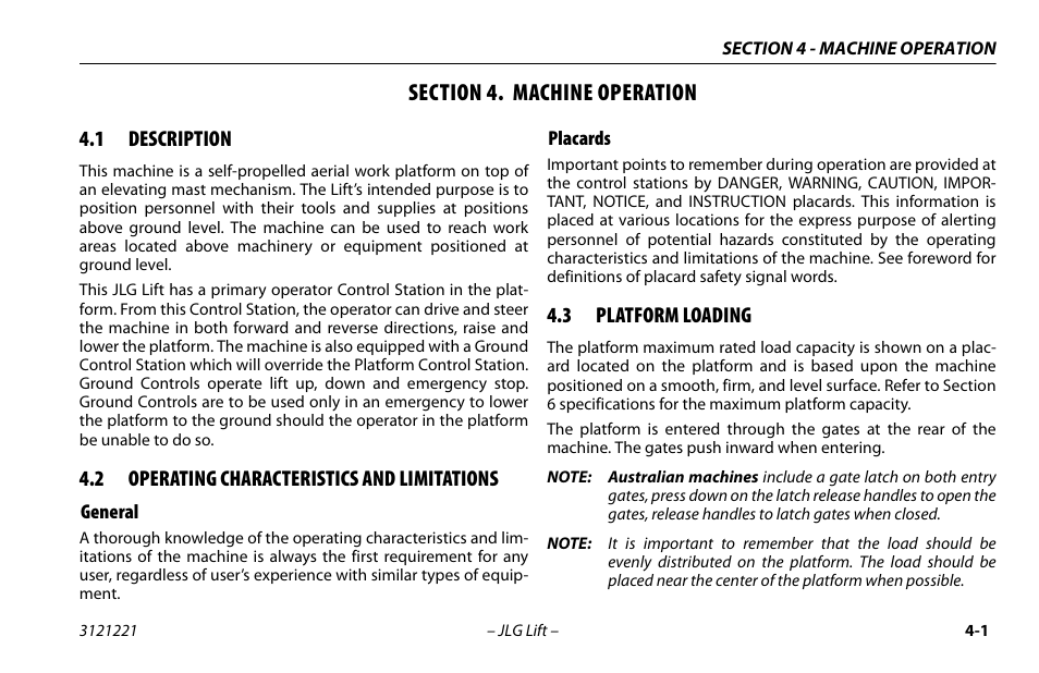 Section 4. machine operation, 1 description, 2 operating characteristics and limitations | General, Placards, 3 platform loading, Section - 4 - machine operation, Description -1, Operating characteristics and limitations -1, General -1 placards -1 | JLG 1230ES Operator Manual User Manual | Page 43 / 96
