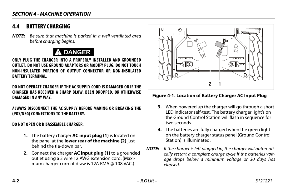 4 battery charging, Battery charging -2, Location of battery charger ac input plug -2 | JLG 1230ES Operator Manual User Manual | Page 44 / 96