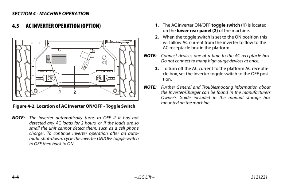 5 ac inverter operation (option), Ac inverter operation (option) -4, Location of ac inverter on/off - toggle switch -4 | JLG 1230ES Operator Manual User Manual | Page 46 / 96
