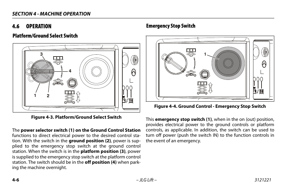 6 operation, Platform/ground select switch, Emergency stop switch | Operation -6, Platform/ground select switch -6, Ground control - emergency stop switch -6 | JLG 1230ES Operator Manual User Manual | Page 48 / 96