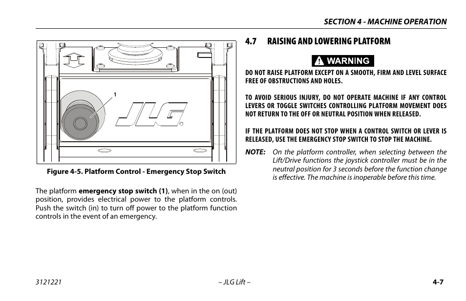 7 raising and lowering platform, Raising and lowering platform -7, Platform control - emergency stop switch -7 | JLG 1230ES Operator Manual User Manual | Page 49 / 96