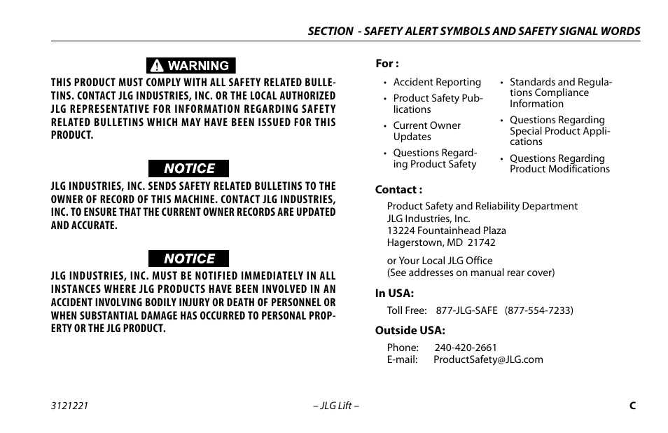Contact, In usa, Outside usa | JLG 1230ES Operator Manual User Manual | Page 5 / 96