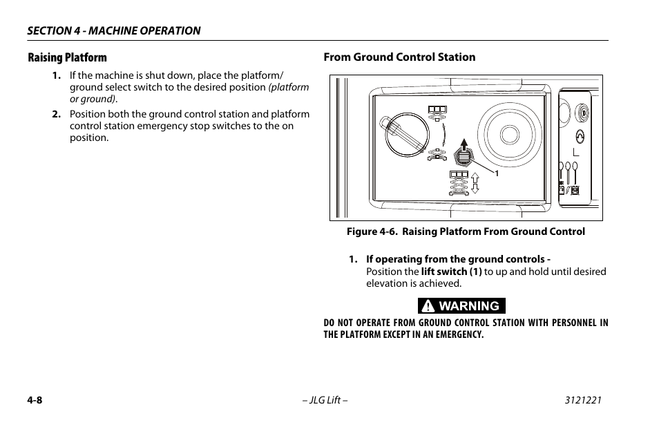 Raising platform, Raising platform -8, Raising platform from ground control -8 | JLG 1230ES Operator Manual User Manual | Page 50 / 96