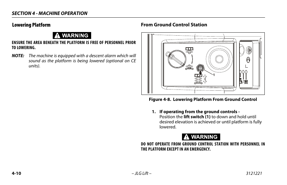 Lowering platform, Lowering platform -10, Lowering platform from ground control -10 | JLG 1230ES Operator Manual User Manual | Page 52 / 96