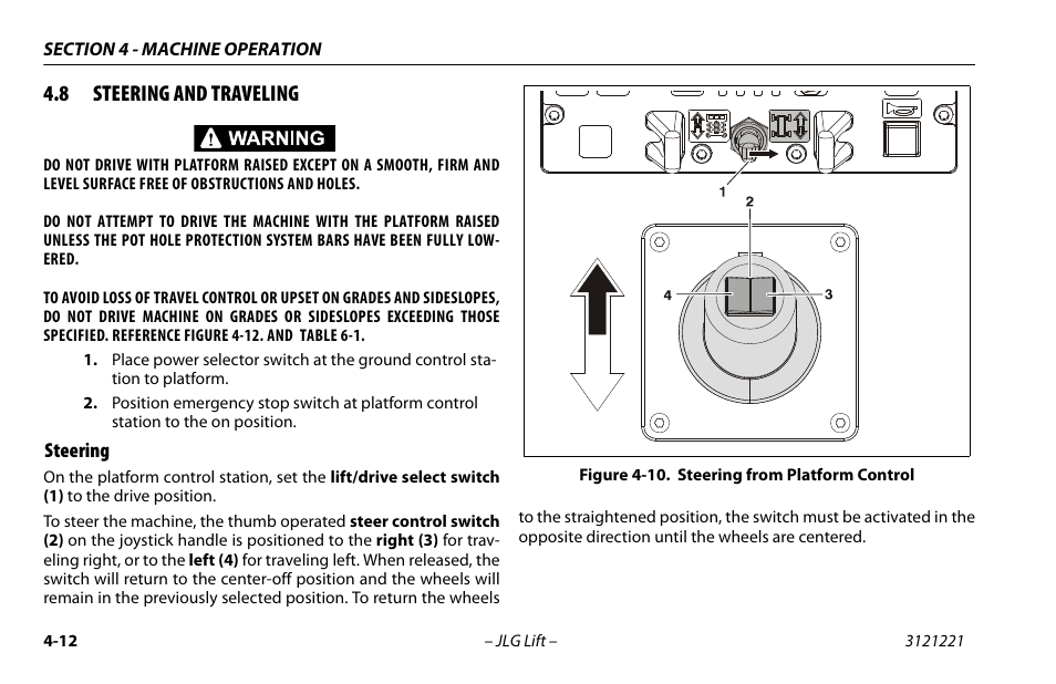 8 steering and traveling, Steering, Steering and traveling -12 | Steering -12, 10. steering from platform control -12 | JLG 1230ES Operator Manual User Manual | Page 54 / 96