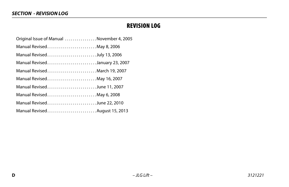 Revision log | JLG 1230ES Operator Manual User Manual | Page 6 / 96