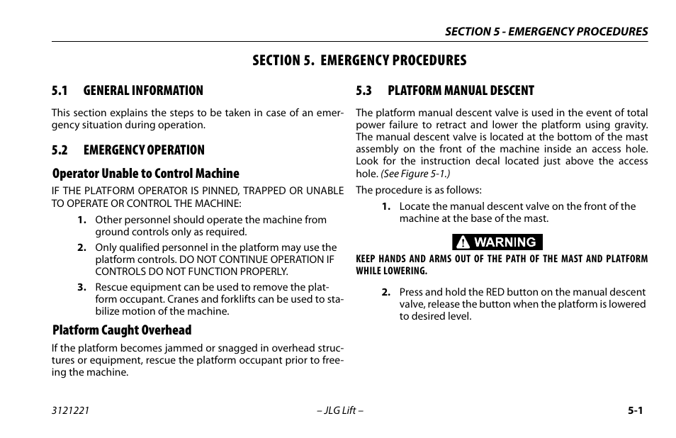 Section 5. emergency procedures, 1 general information, 2 emergency operation | Operator unable to control machine, Platform caught overhead, 3 platform manual descent, Section - 5 - emergency procedures, General information -1, Emergency operation -1, Platform manual descent -1 | JLG 1230ES Operator Manual User Manual | Page 63 / 96
