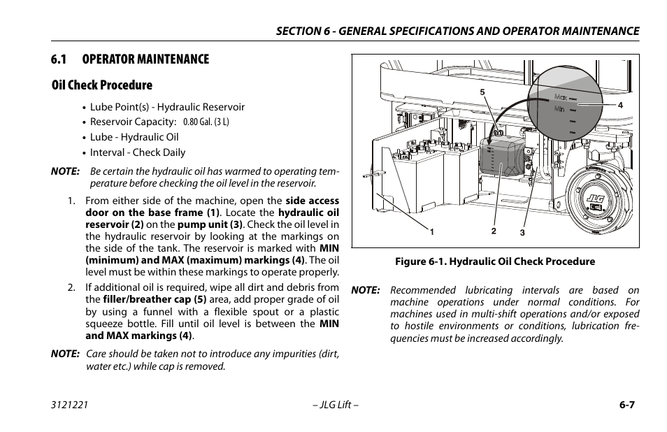 1 operator maintenance, Oil check procedure, Operator maintenance -7 | Oil check procedure -7, Hydraulic oil check procedure -7, 1 operator maintenance oil check procedure | JLG 1230ES Operator Manual User Manual | Page 71 / 96
