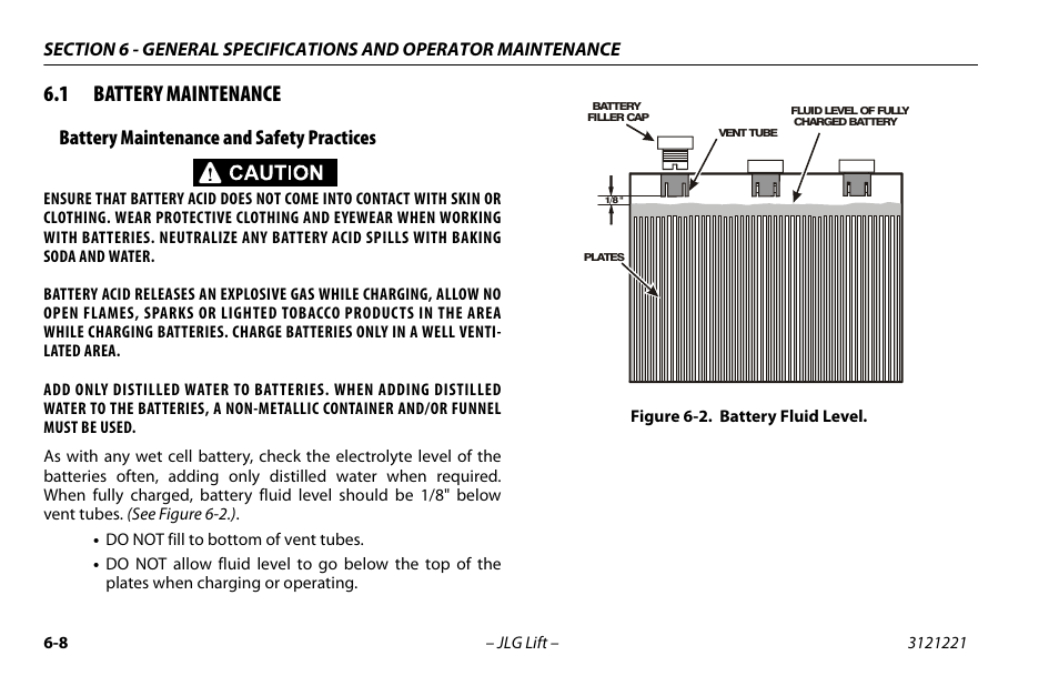 1 battery maintenance, Battery maintenance and safety practices, Battery maintenance -8 | Battery maintenance and safety practices -8, Battery fluid level -8 | JLG 1230ES Operator Manual User Manual | Page 72 / 96