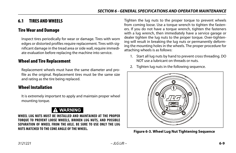 1 tires and wheels, Tire wear and damage, Wheel and tire replacement | Wheel installation, Tires and wheels -9, Wheel lug nut tightening sequence -9, 1 tires and wheels tire wear and damage | JLG 1230ES Operator Manual User Manual | Page 73 / 96