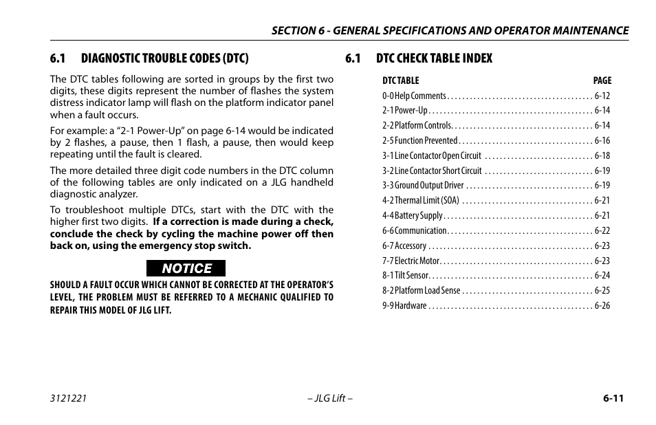 1 diagnostic trouble codes (dtc), 1 dtc check table index, Diagnostic trouble codes (dtc) -11 | 10 dtc check table index -11 | JLG 1230ES Operator Manual User Manual | Page 75 / 96