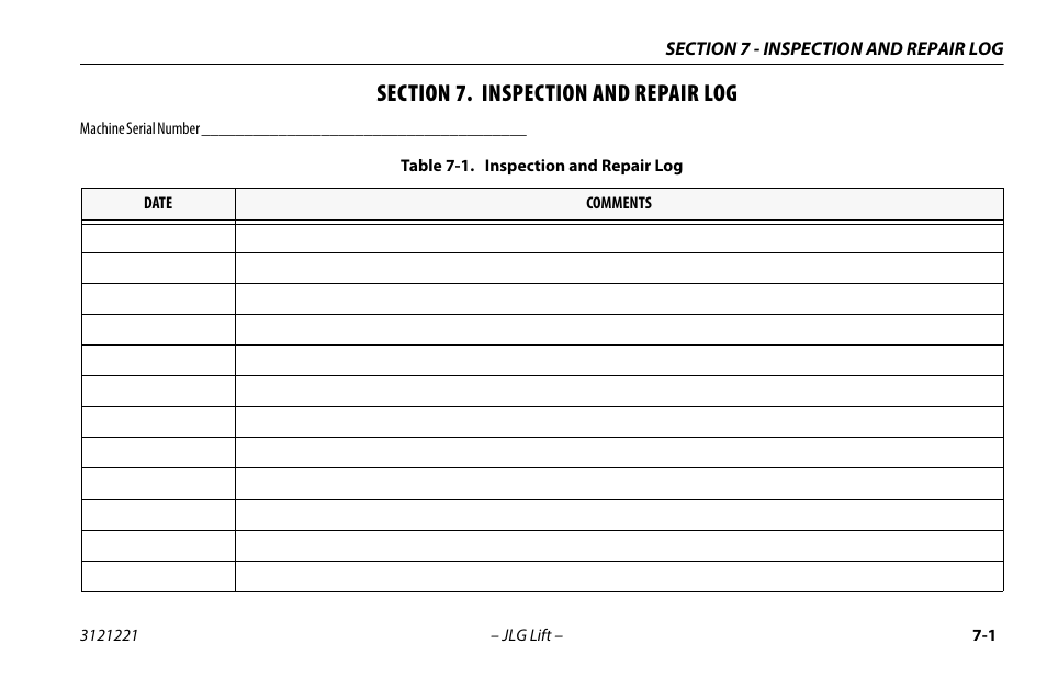 Section 7. inspection and repair log, Section - 7 - inspection and repair log, Inspection and repair log -1 | JLG 1230ES Operator Manual User Manual | Page 93 / 96